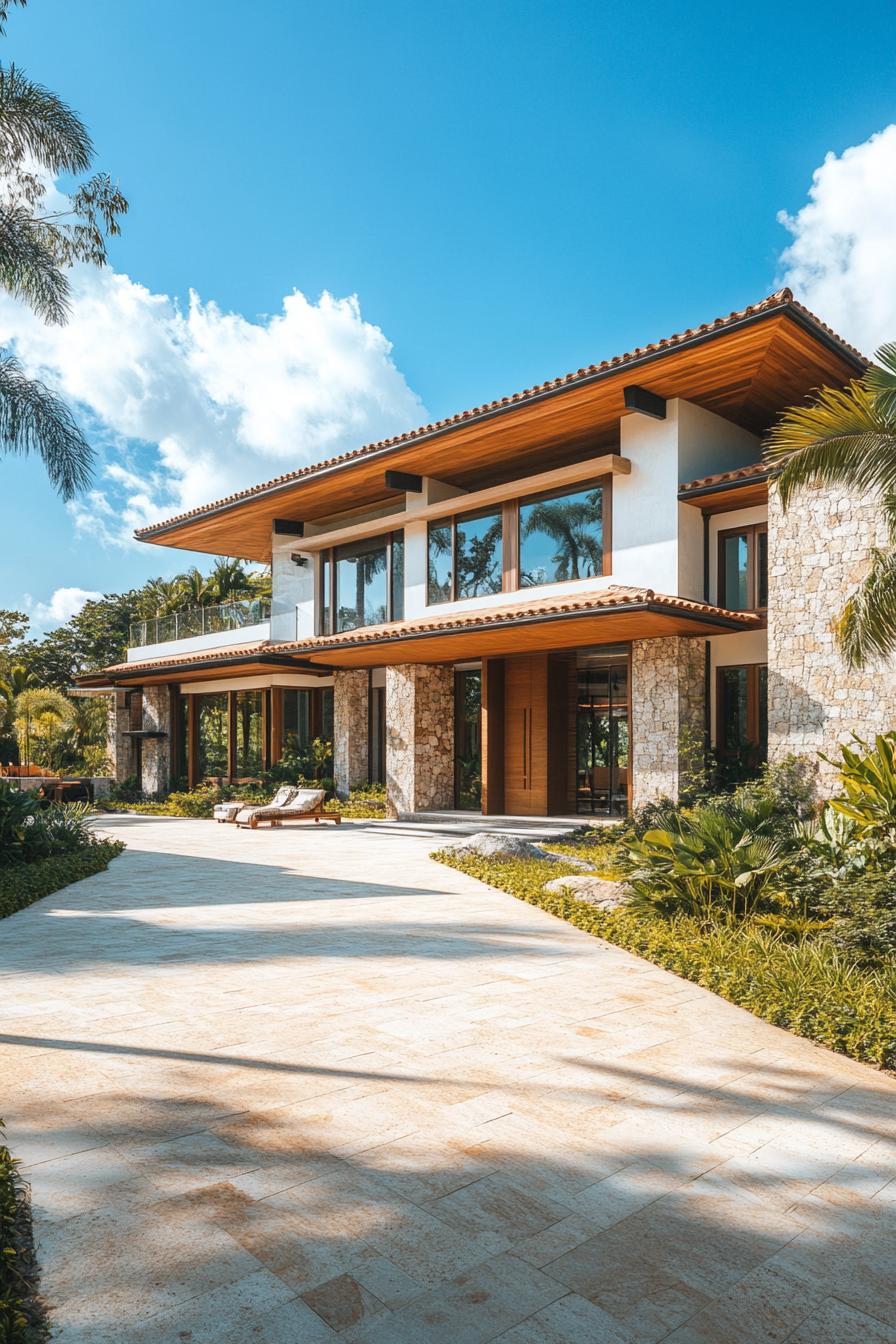 Upscale house with stone facade and lush greenery