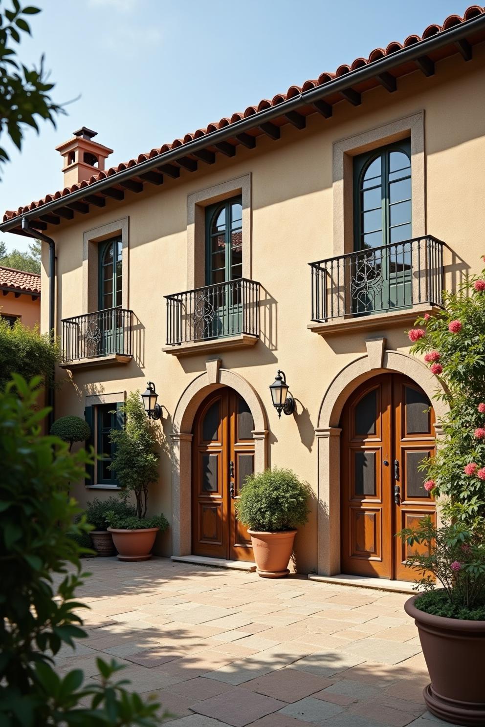 Elegant stone villa with arched doors and lush greenery