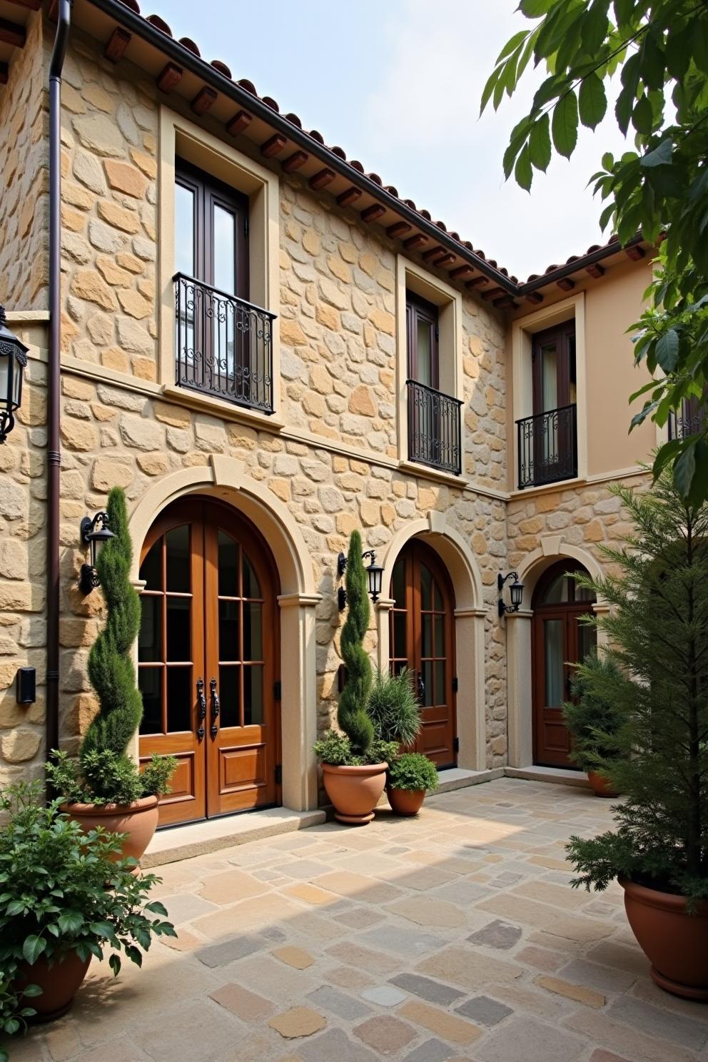 Elegant stone villa courtyard with archways and potted greenery