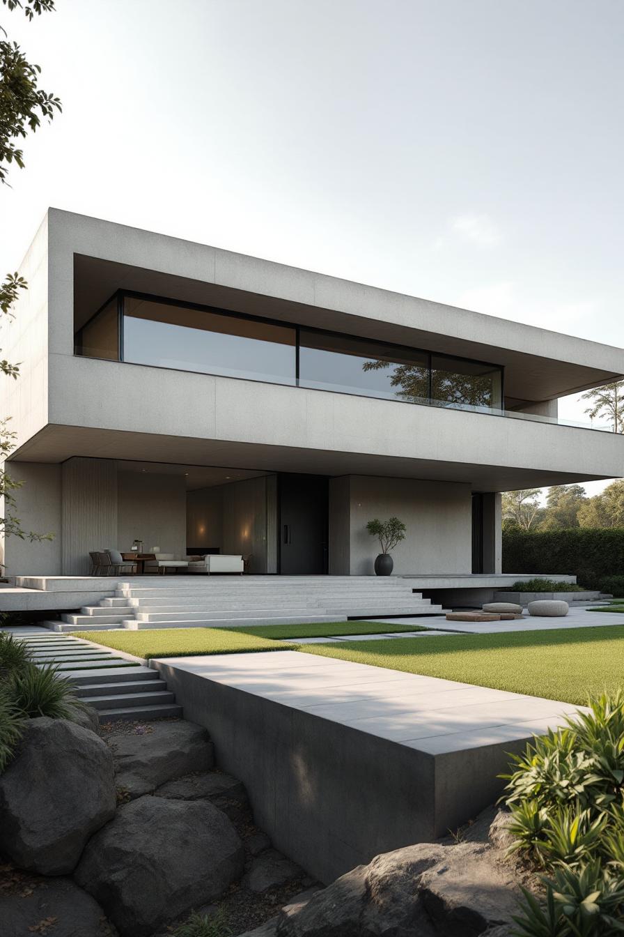 Modernist concrete house with lush lawn