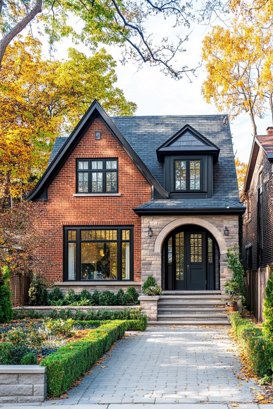 Charming brick home with black accents and a welcoming front yard