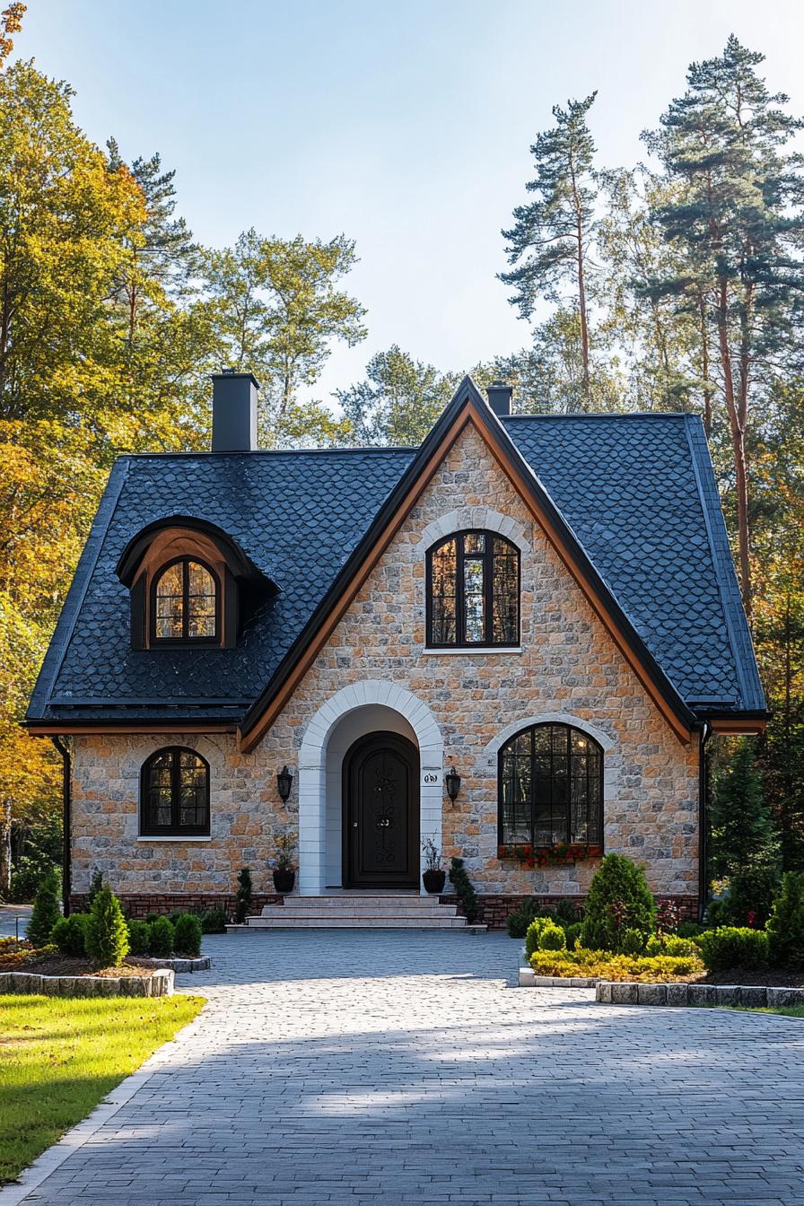 Cozy stone house with arched windows and a slate roof surrounded by lush greenery