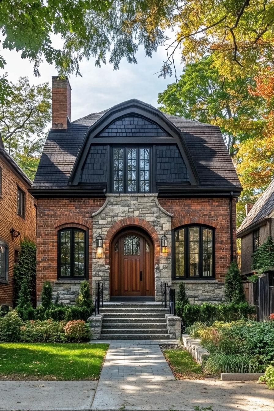 Brick and stone facade with arched windows and door