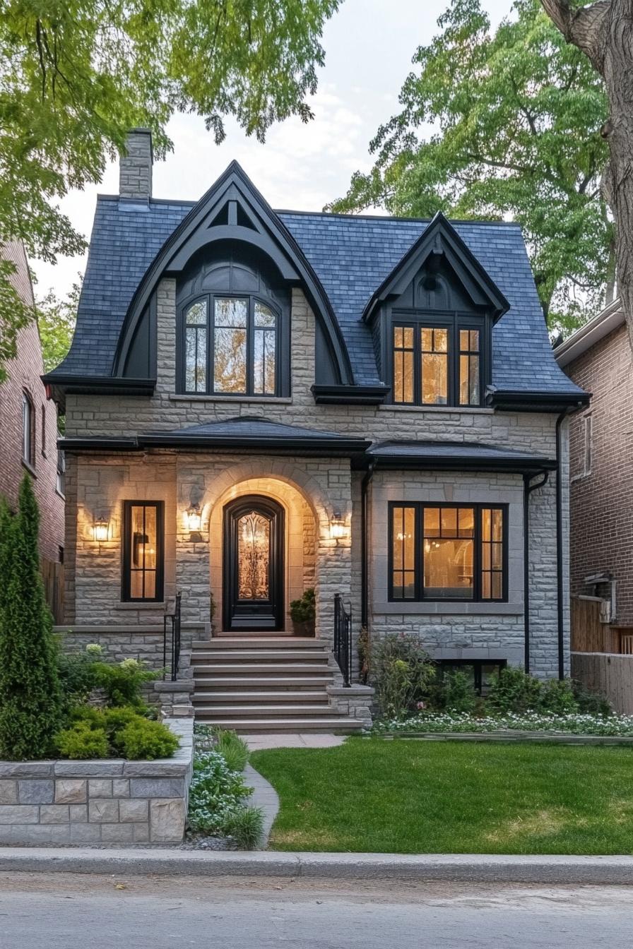 Elegant stone house with arched windows and lush landscaping