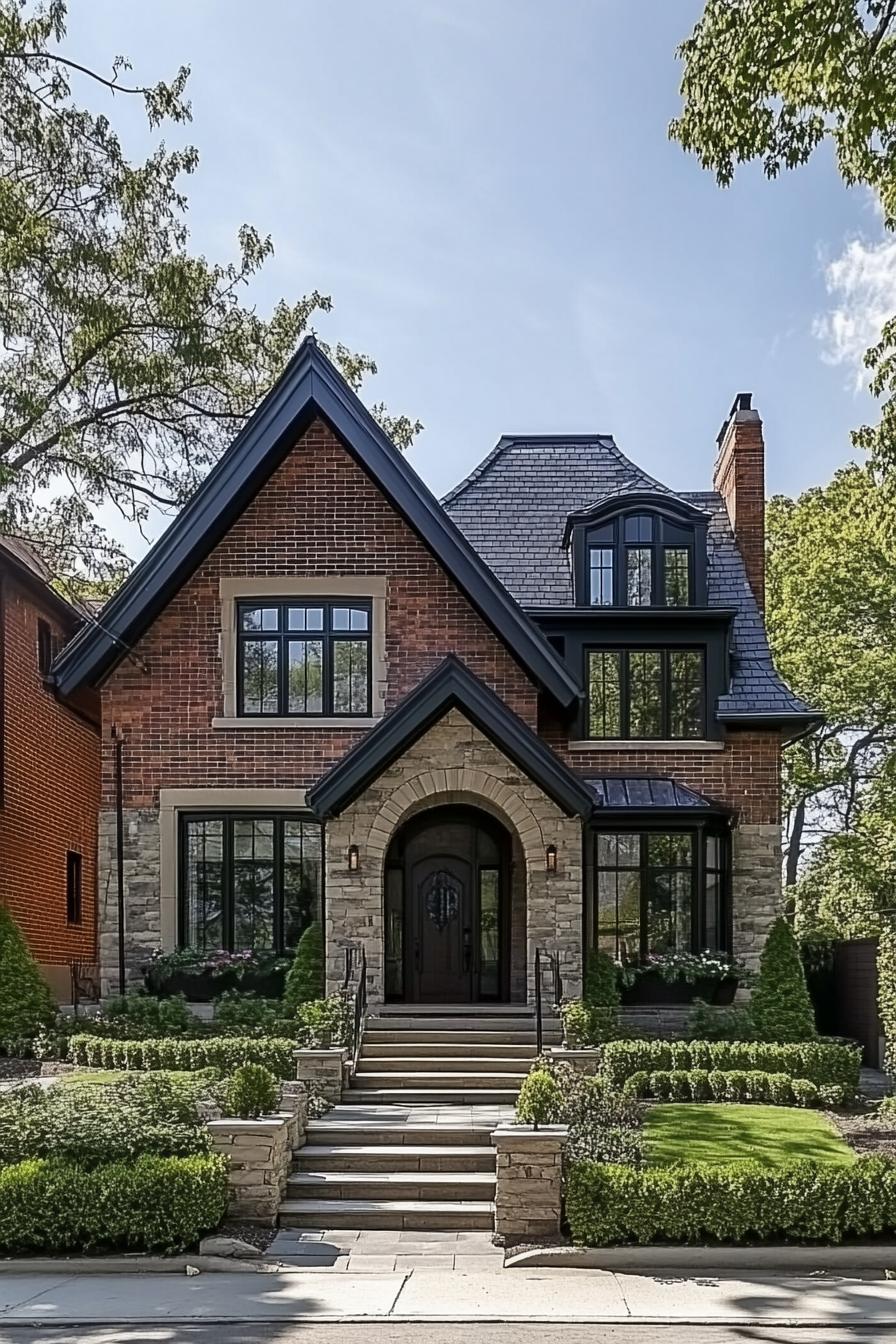 Tall brick house with arched stone entrance and lush landscaping