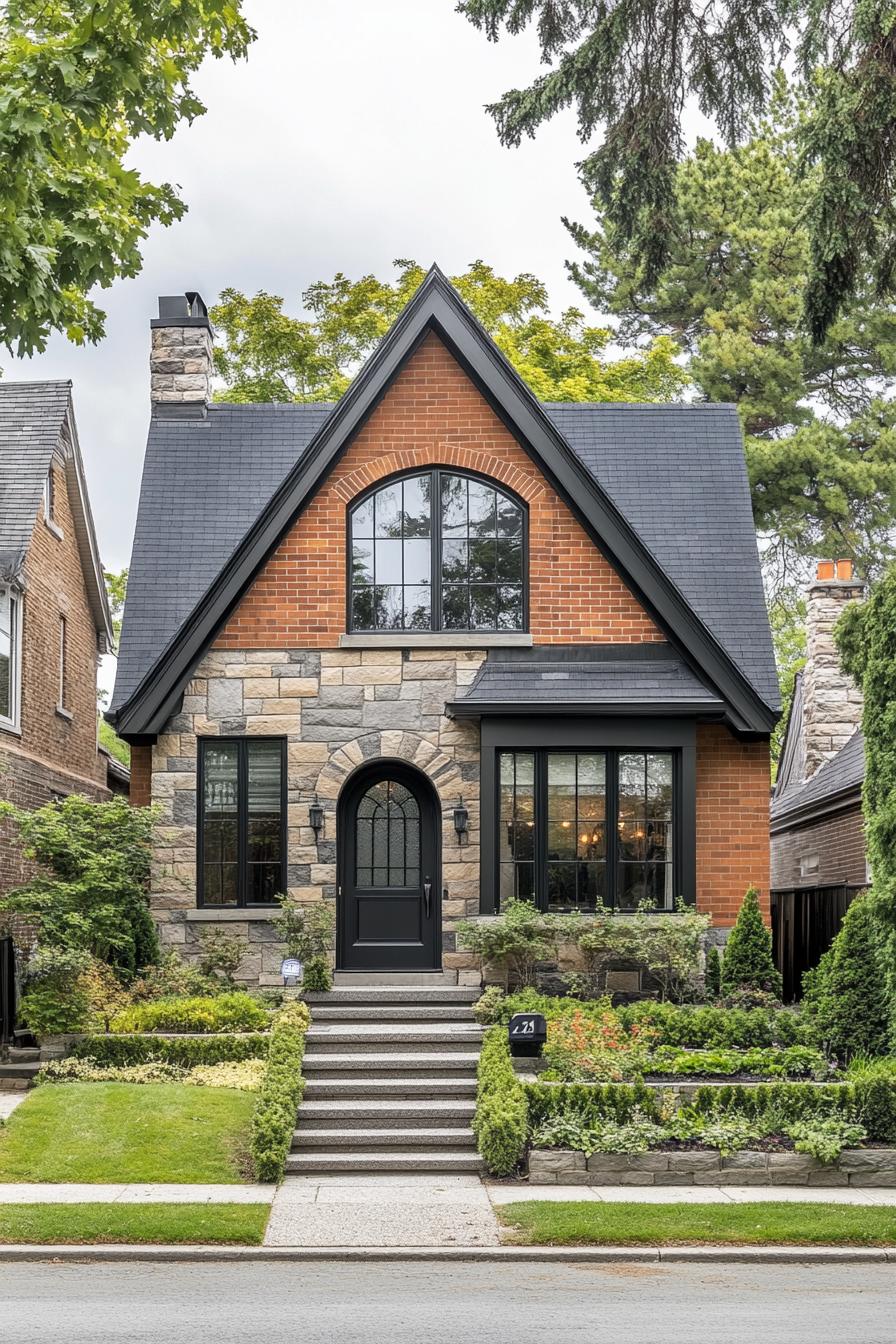 A cozy brick and stone house with a lush front garden