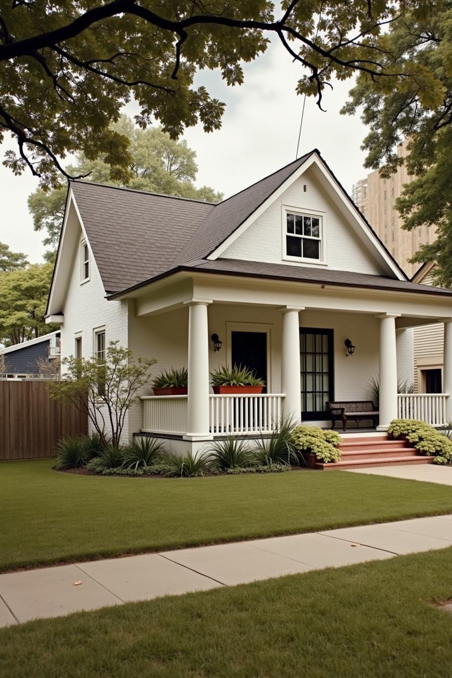 Charming white house with a cozy porch and neat lawn