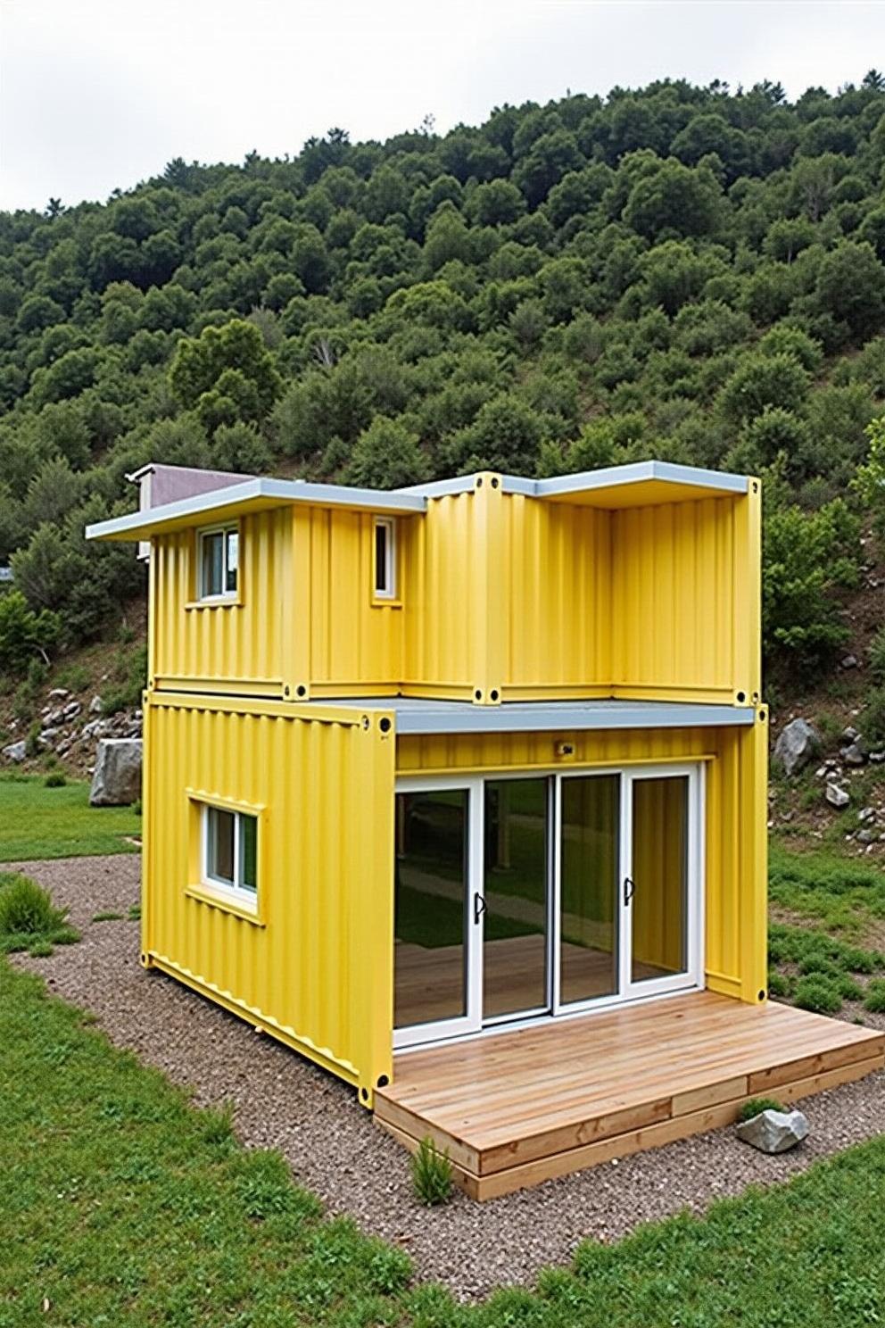 Bright yellow container house with a wooden deck in a grassy area