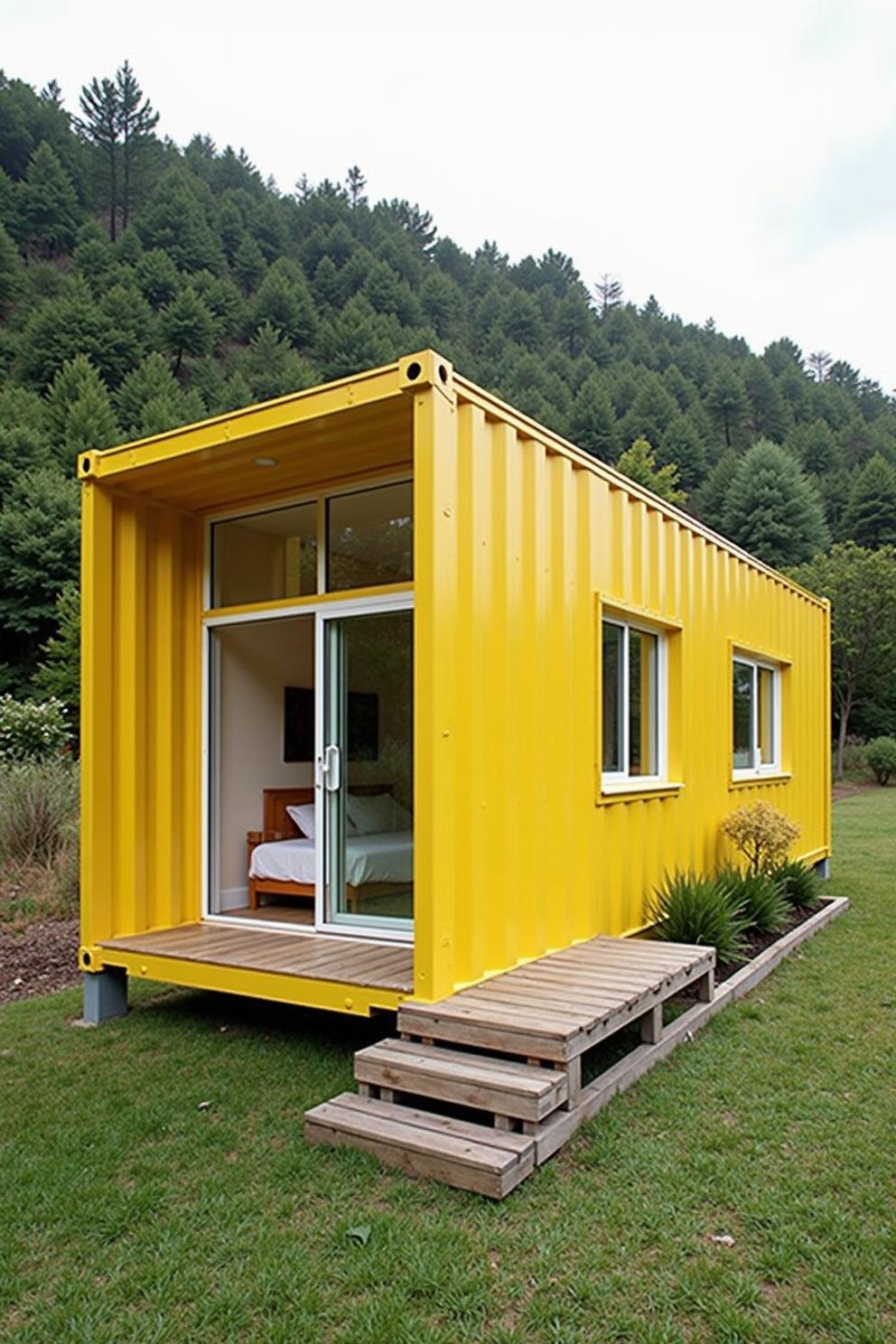 Bright yellow shipping container house with a wooden deck