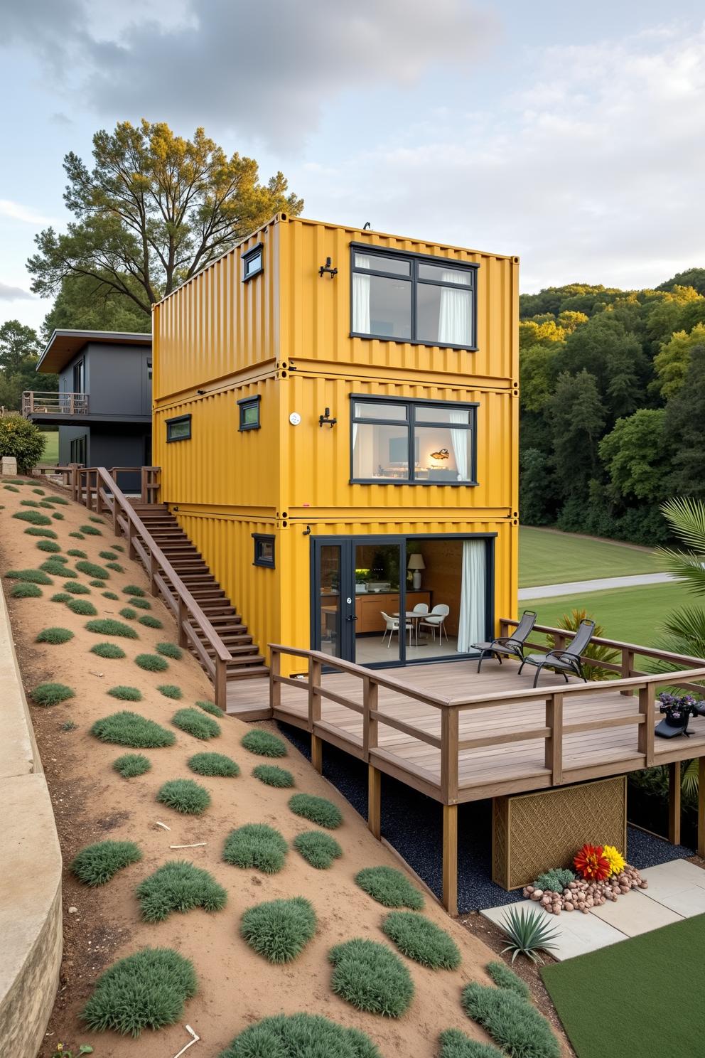 Yellow shipping container home with a deck and stairs