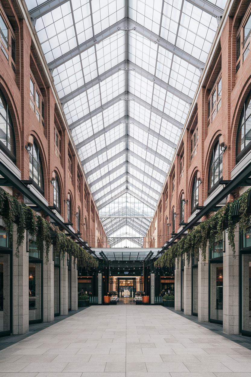 Elegant arcade with hanging greenery and a glass roof