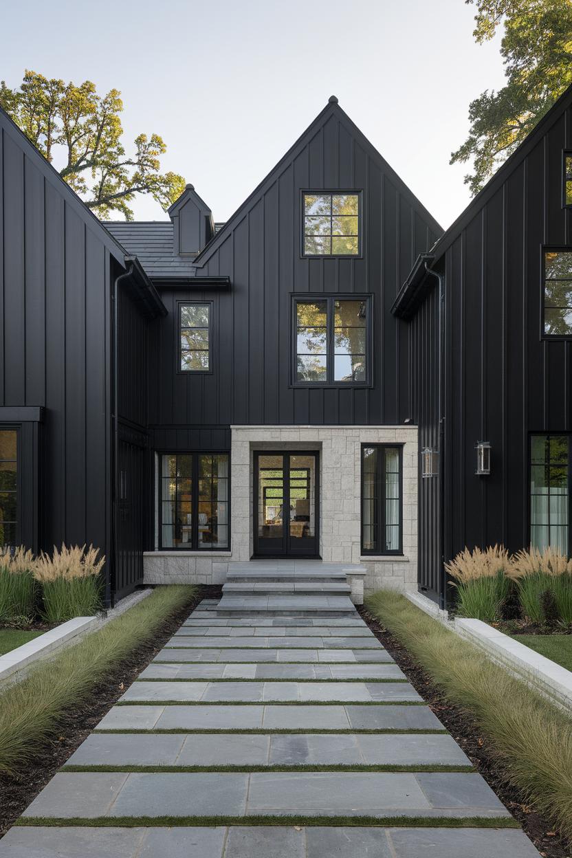 Contemporary black house with gabled roofs and stone accents