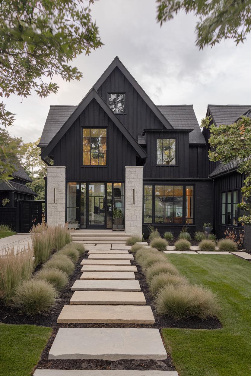 Contemporary black house with gabled roof and glass accents