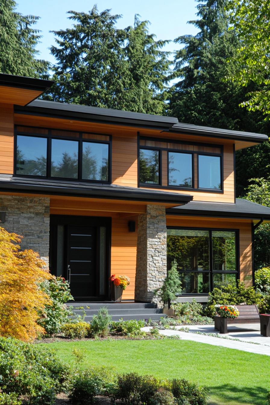 Modern house with stone and wood elements nestled in greenery