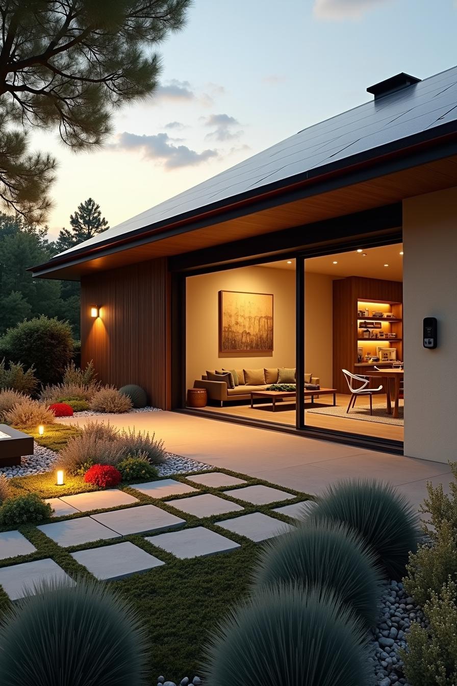 Mid-century ranch house with open glass doors and outdoor lighting