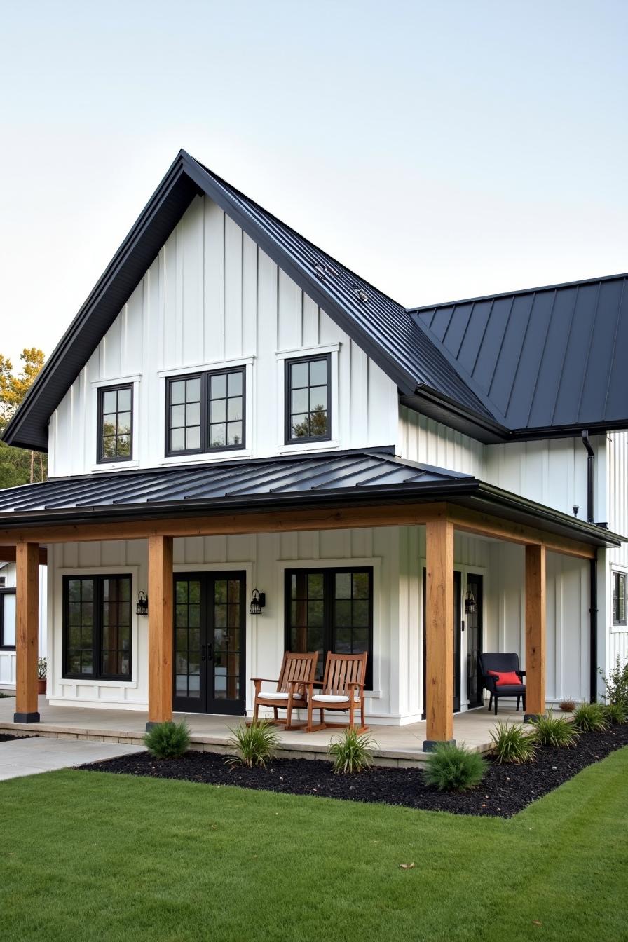 White house with black roof and wooden porch