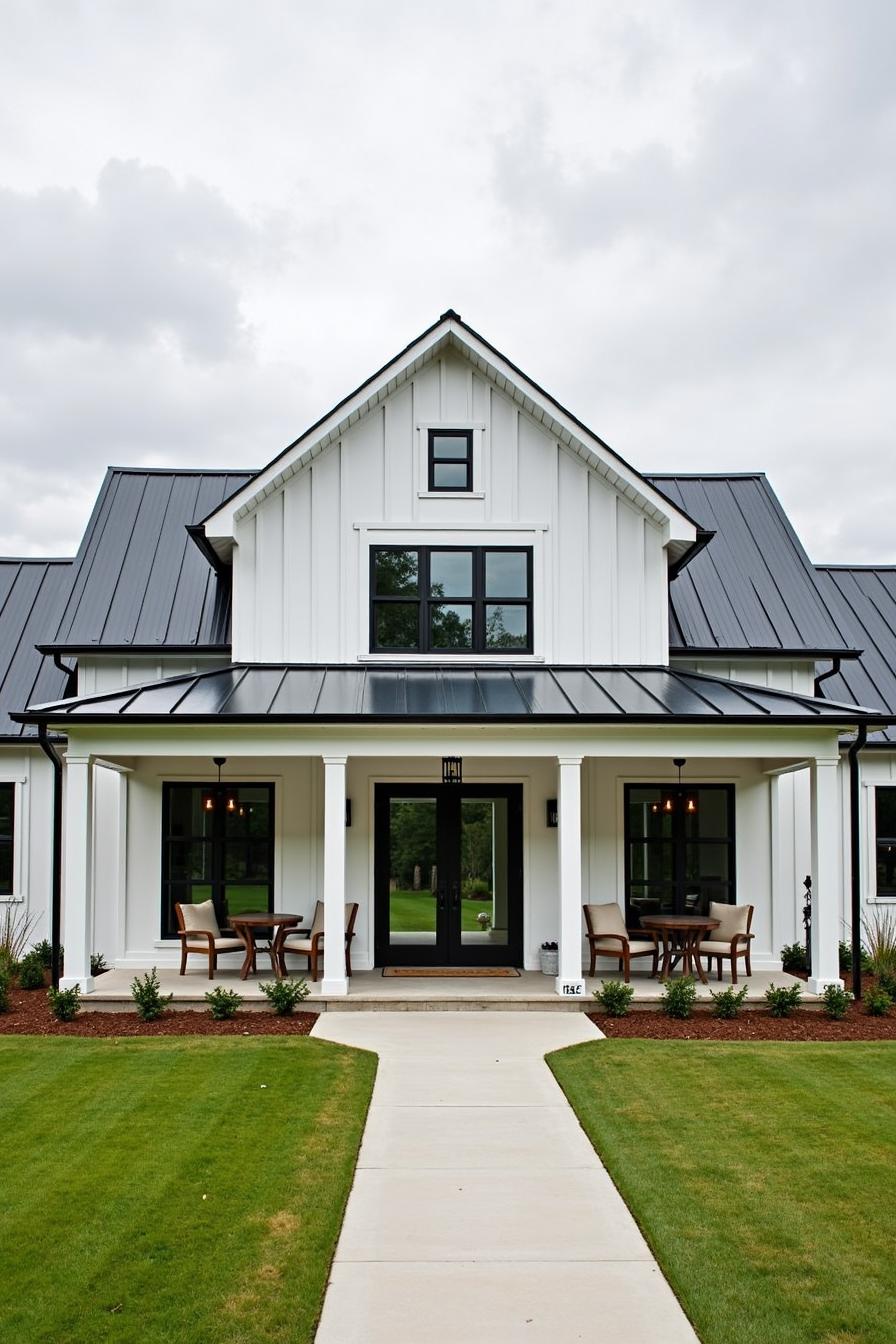 White house with black roof and porch