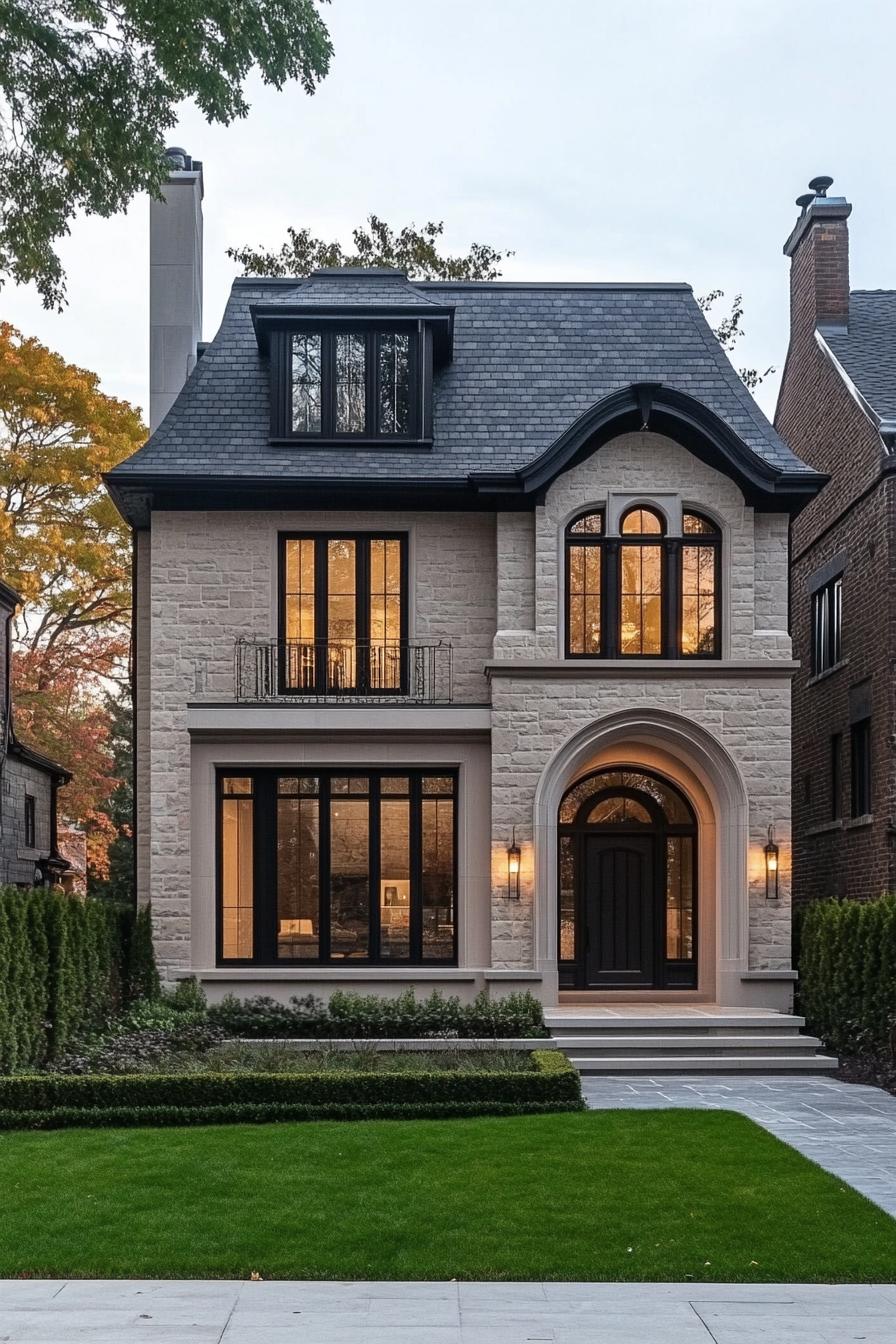 Elegant suburban stone house with arched doorway and classic windows