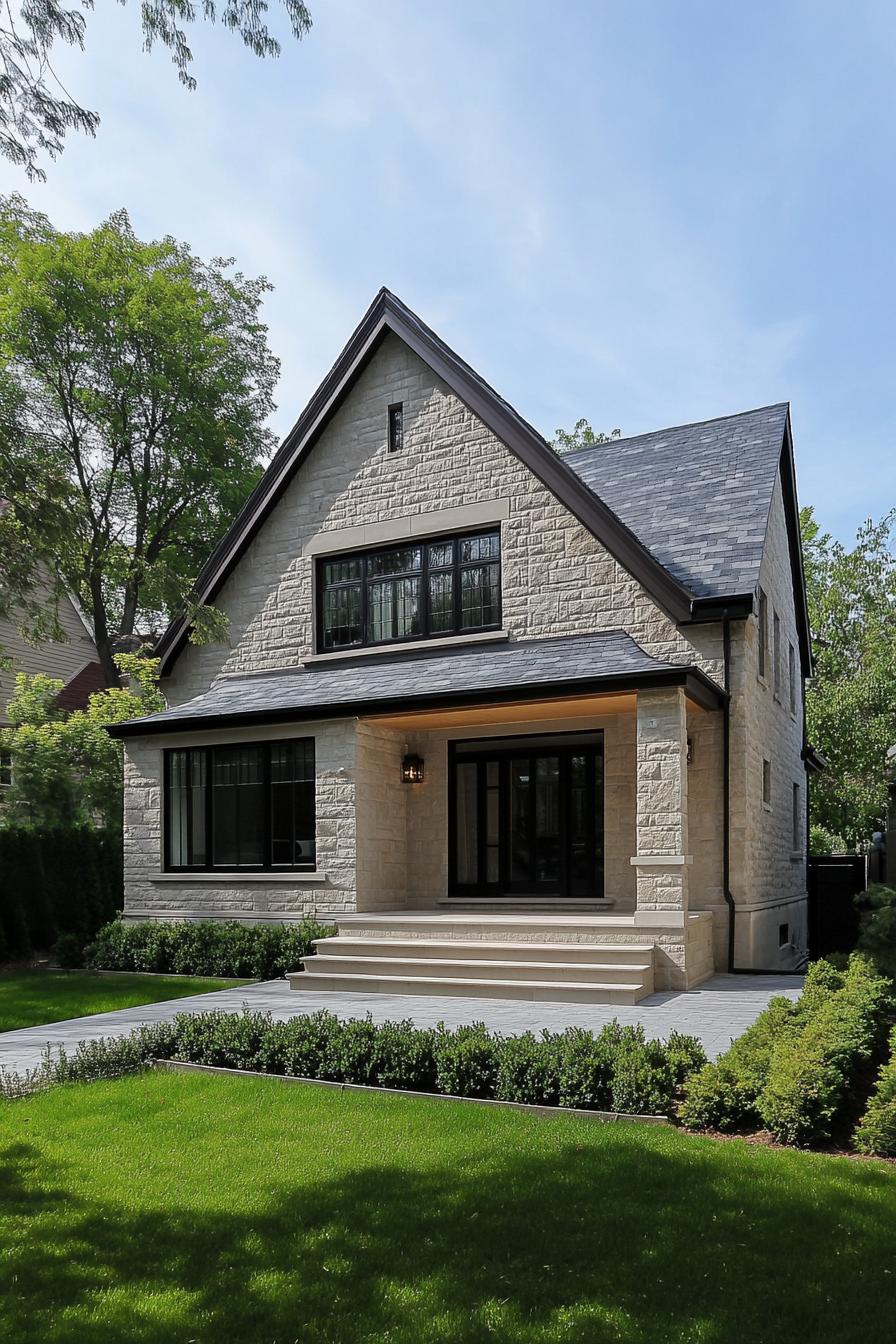 Stone-front suburban house with manicured lawn