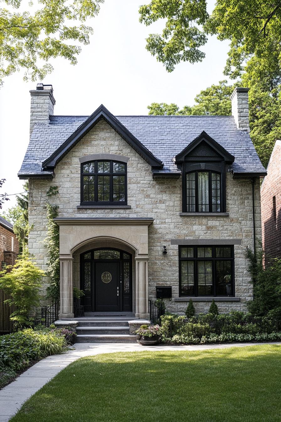 Charming two-story stone house with black accents