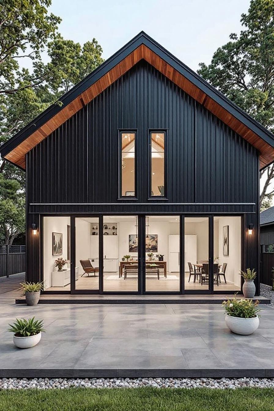 Modern black garage house with large glass doors and lush greenery