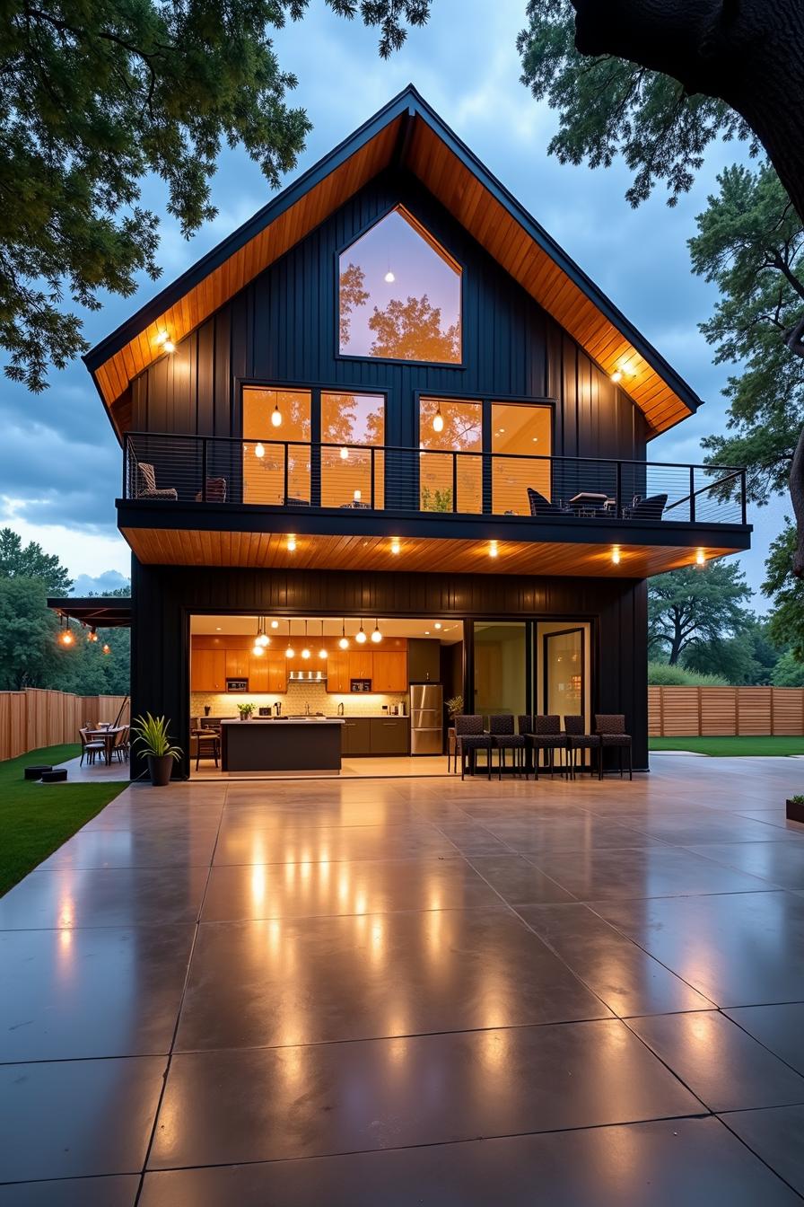 A sleek black house with warm glowing lights and large windows