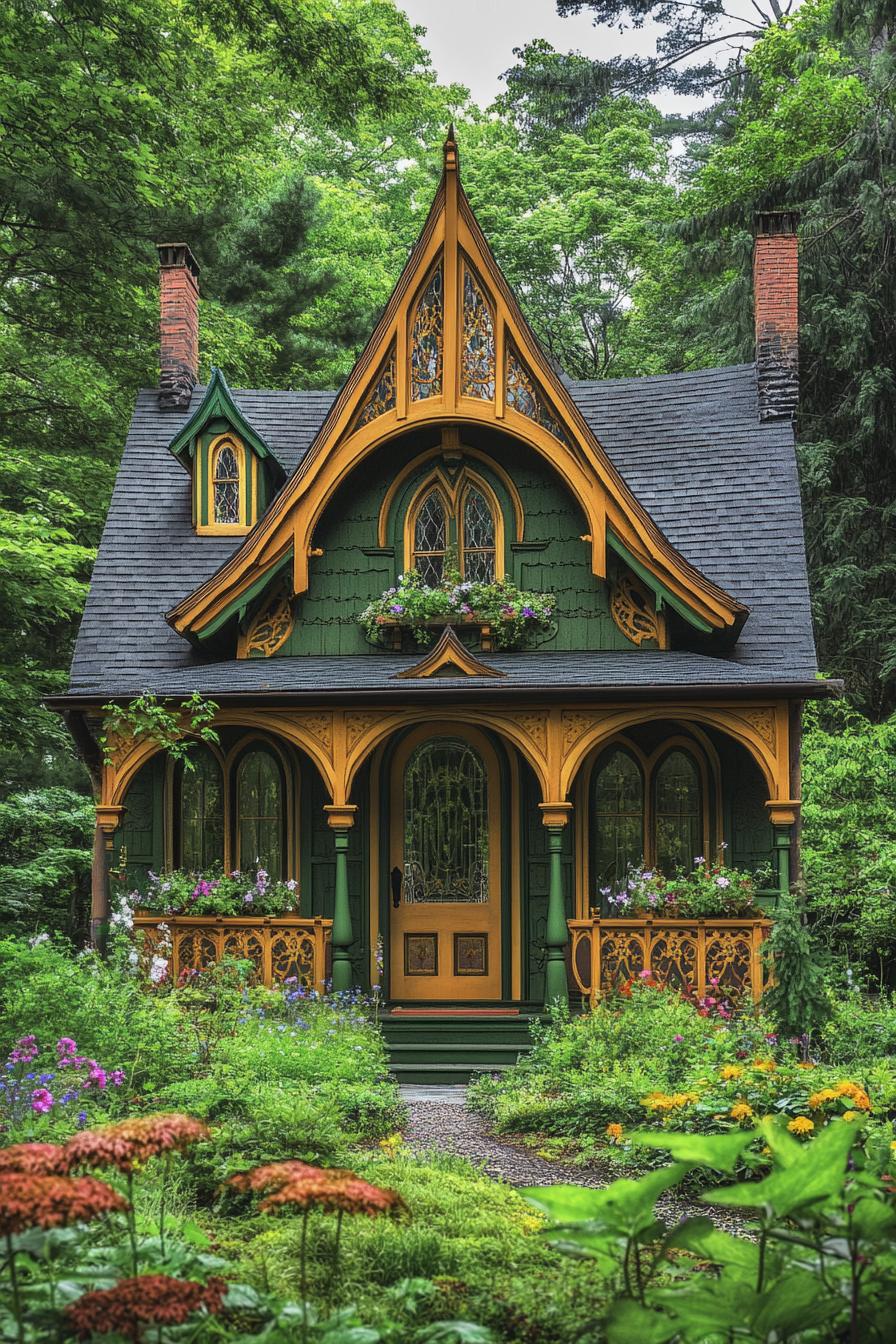 Whimsical green and gold cottage surrounded by lush greenery