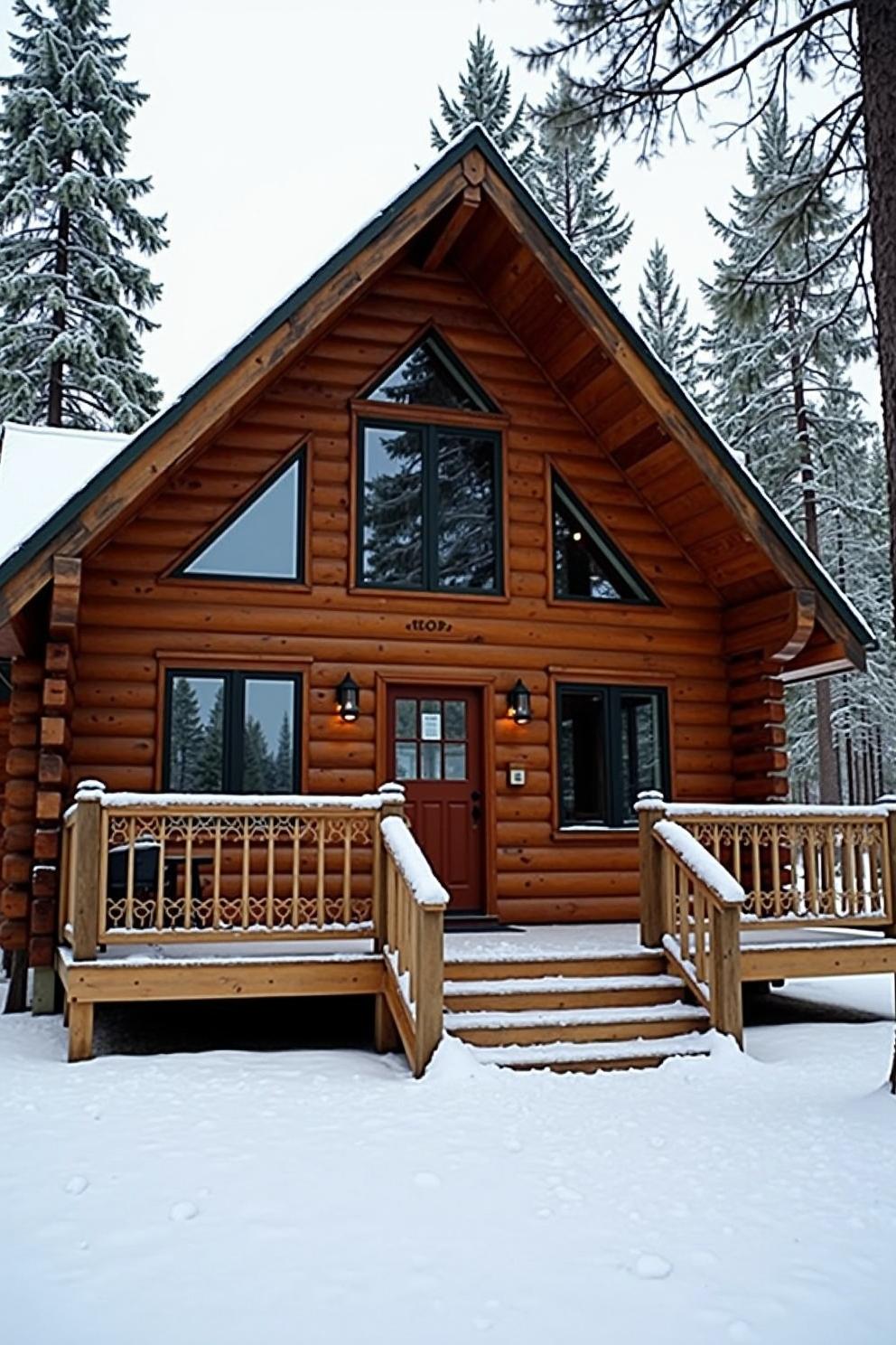 Log cabin surrounded by snowy forest