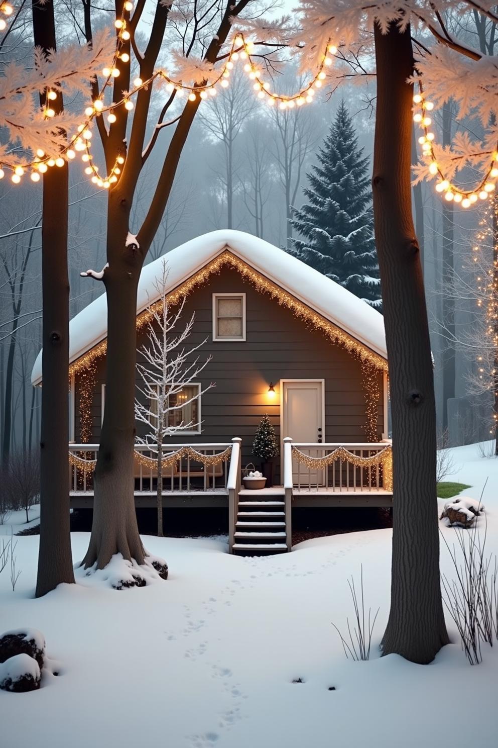 Snowy cabin adorned with festive lights