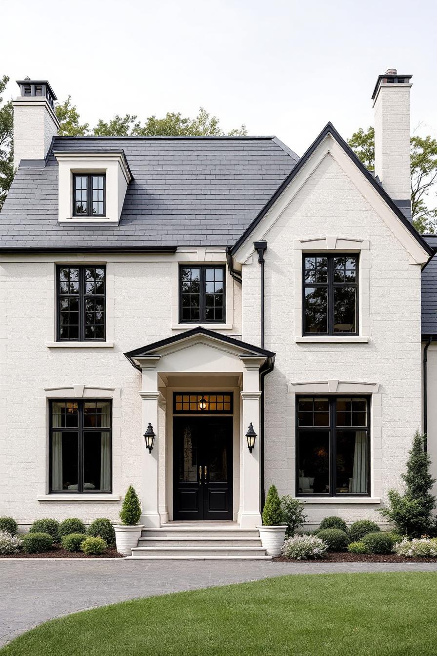 Elegant suburban house with black windows and white brick facade