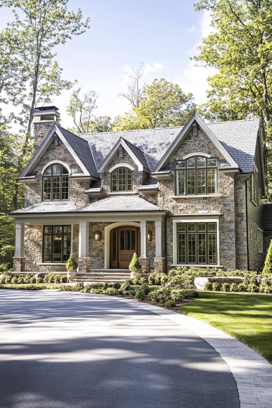 Large suburban house with stone exterior and arched windows