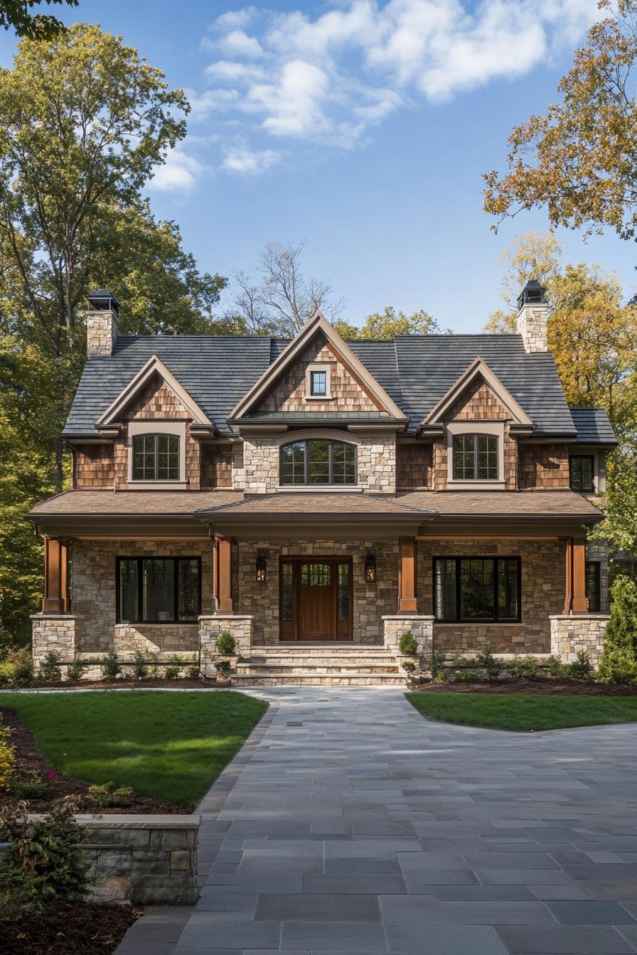 Elegant stone house with a slate roof and a wide, welcoming path