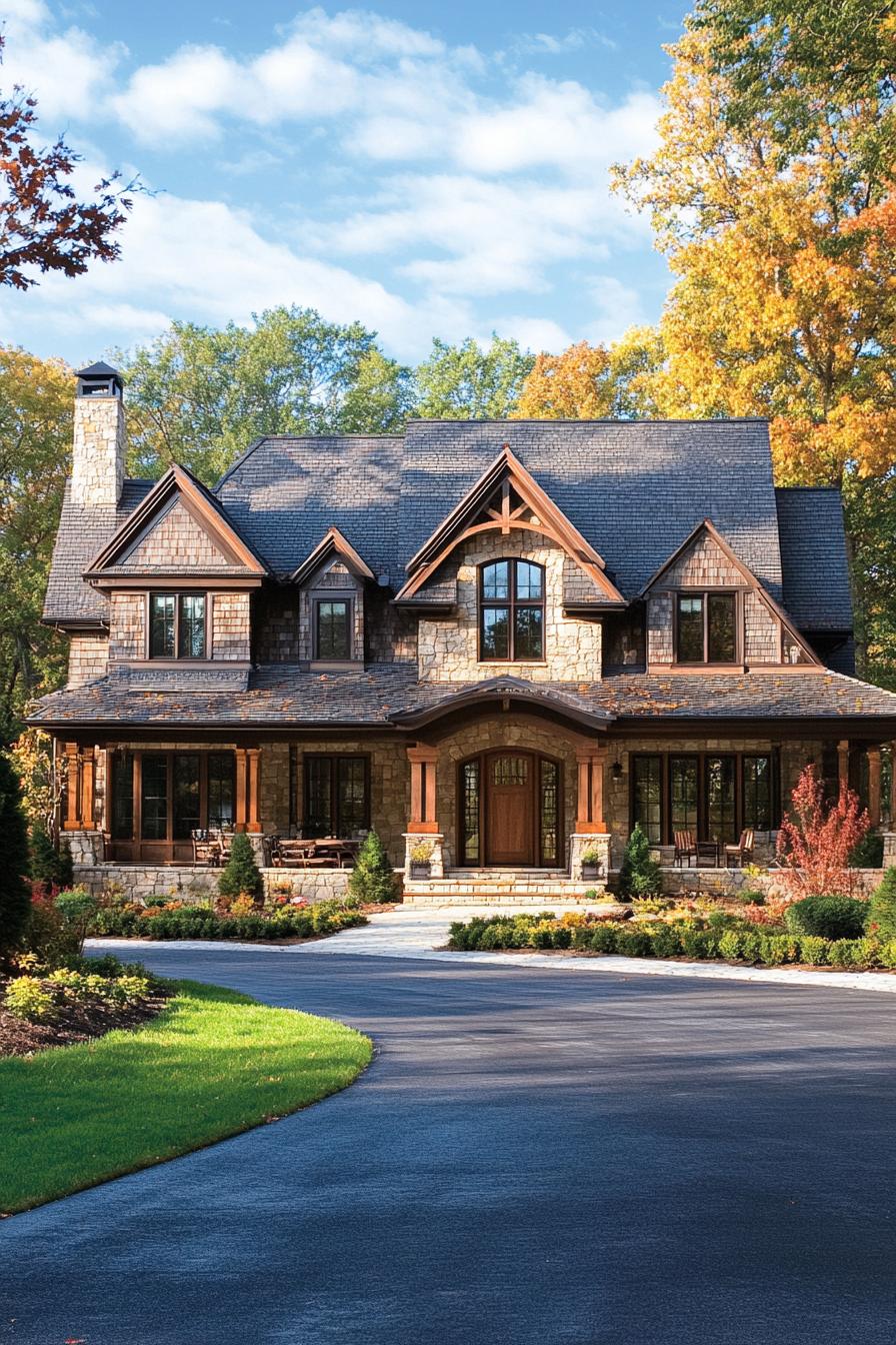 Spacious stone house with wooden accents surrounded by lush greenery