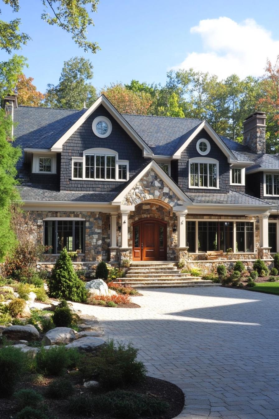 Large stone house with lush greenery