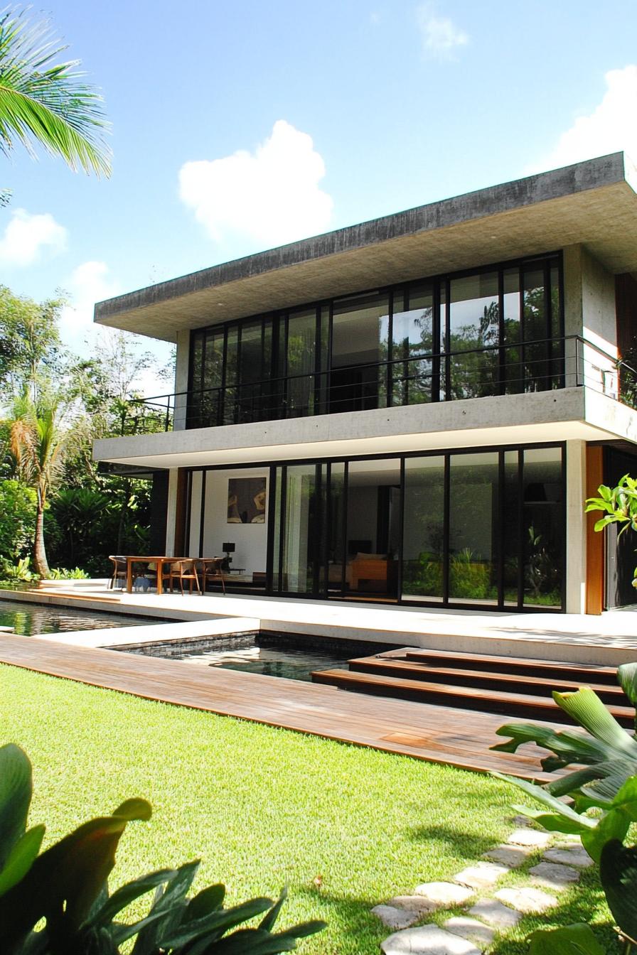 Contemporary two-story house with large glass windows and lush greenery