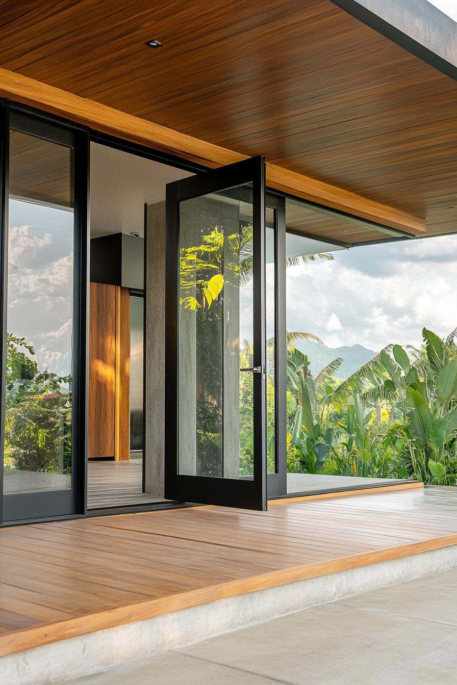 Modern glass door opening to lush greenery in a tropical setting