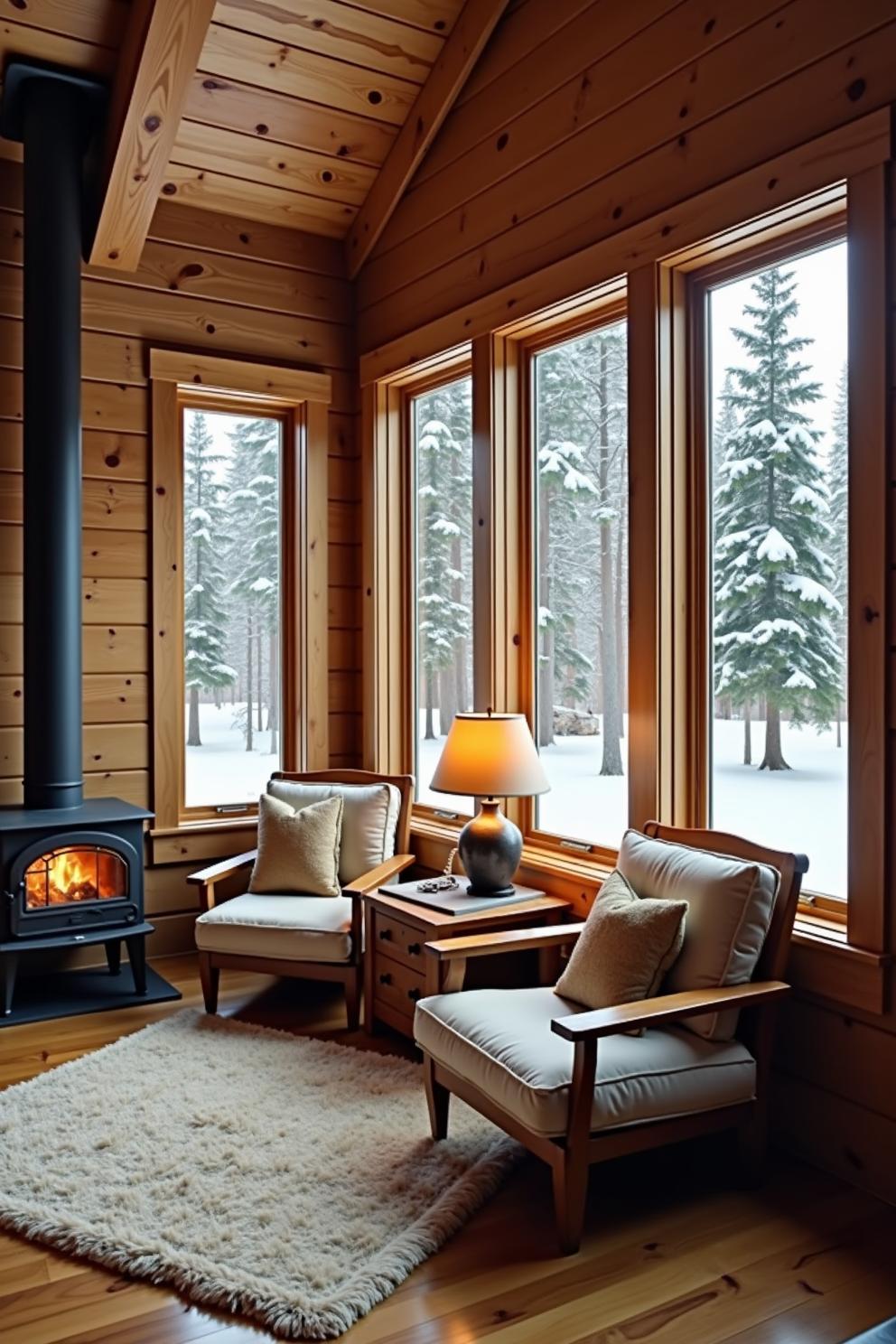 Cozy cabin interior with fireplace and snowy forest view