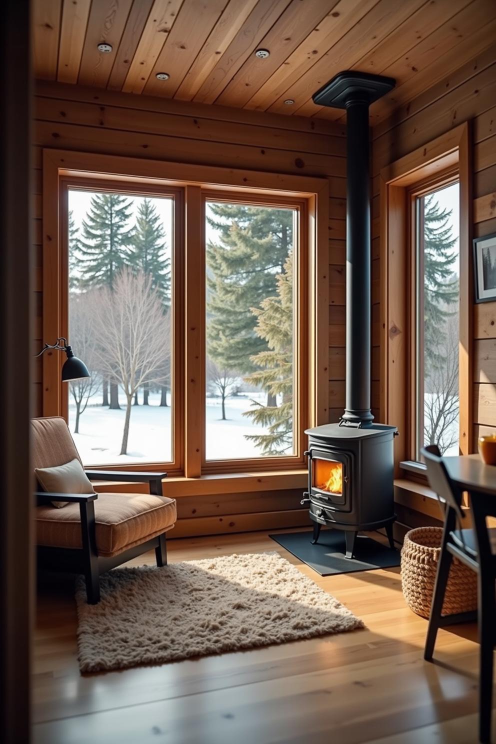 Sunlit cabin interior with wood stove and snowy view