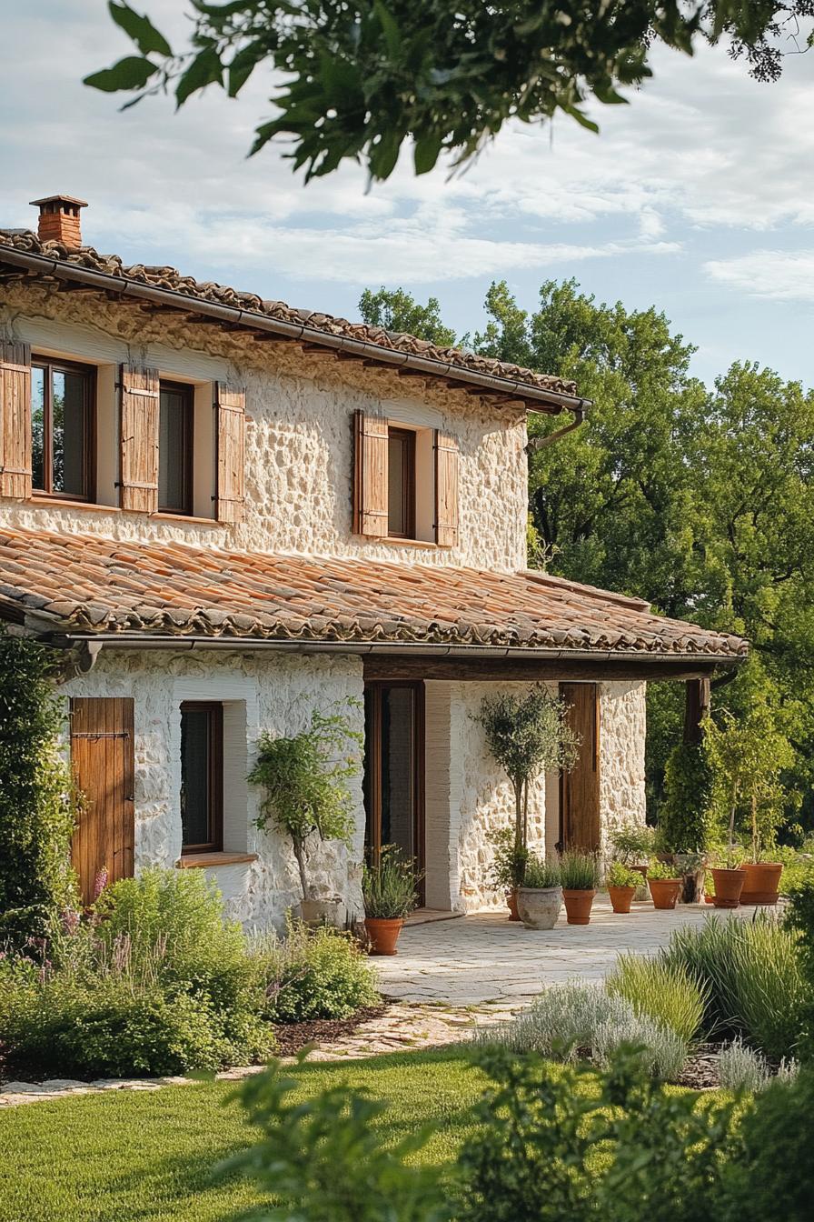 Cozy stone farmhouse with charming shutters and lush greenery