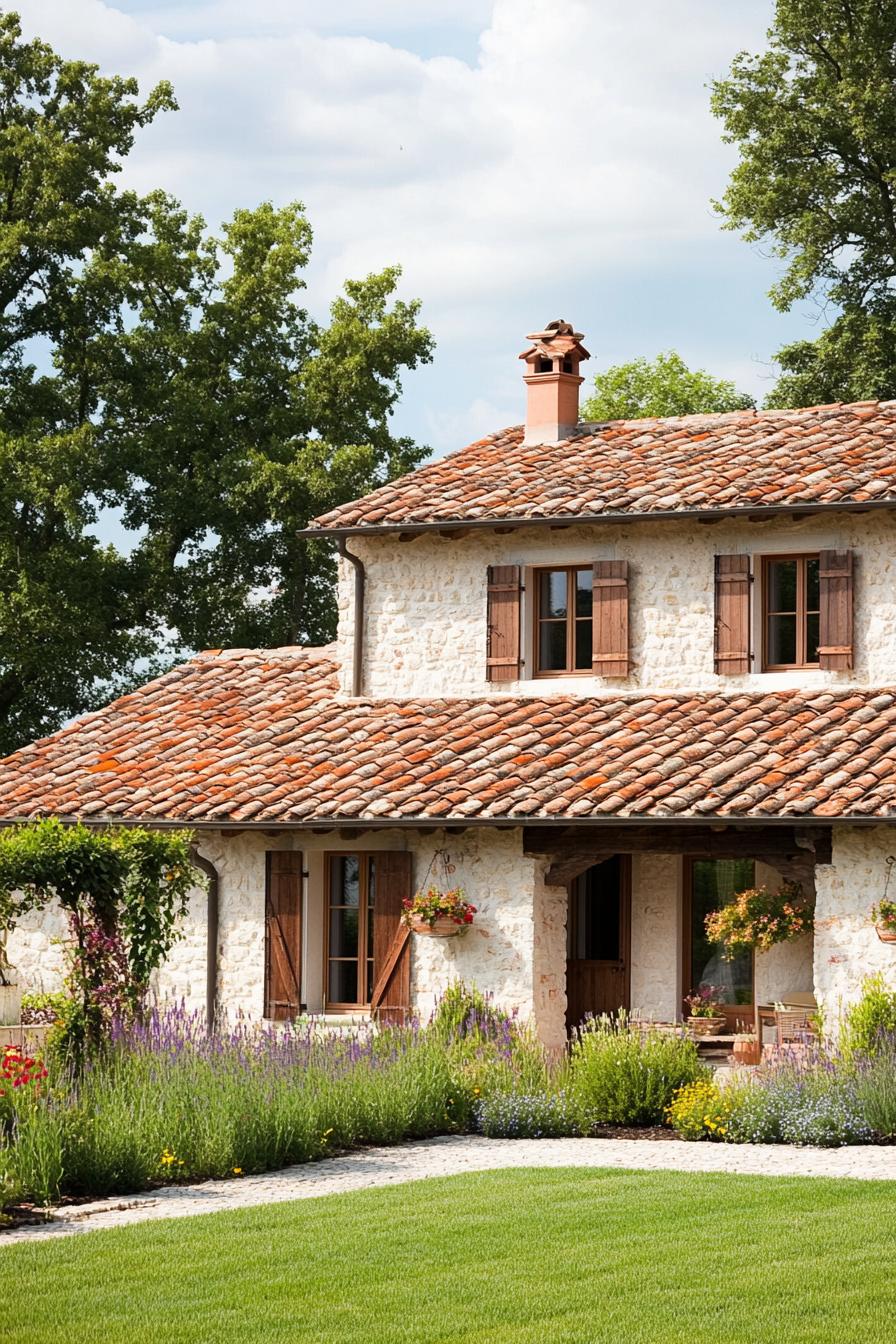 Italian farmhouse with terracotta roof and lush garden