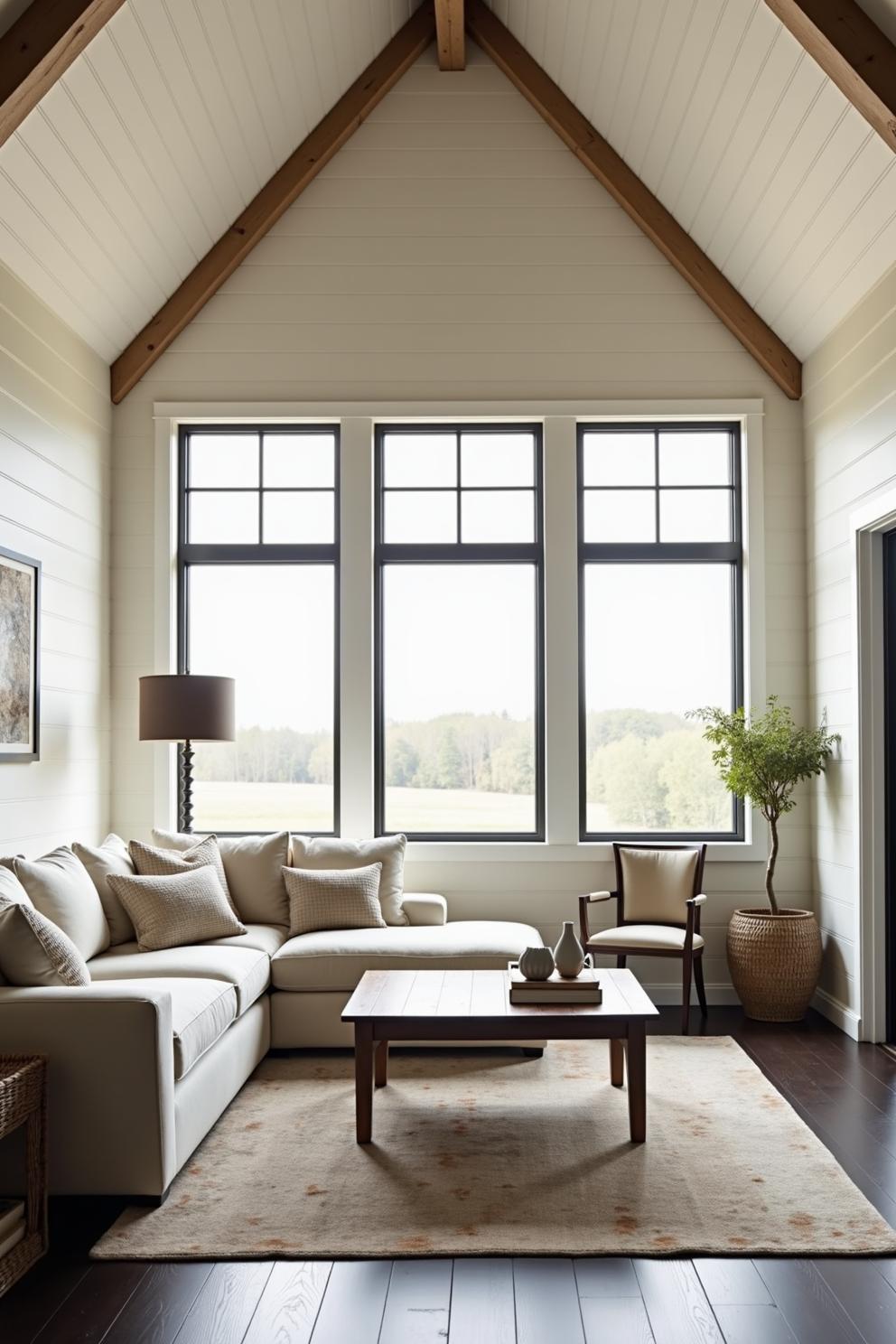 Cozy loft living room with large windows