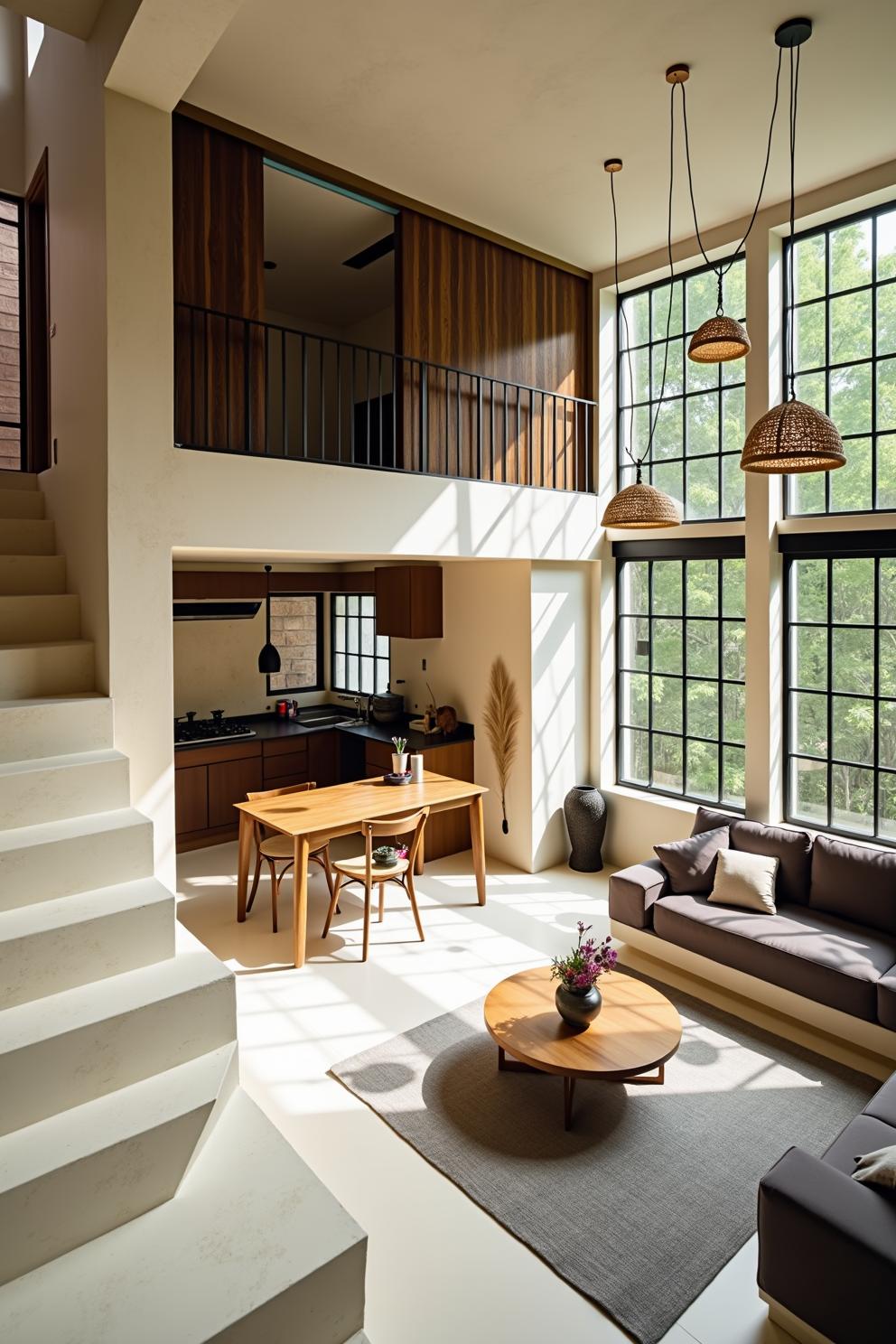 Bright and airy loft with large windows and wooden accents