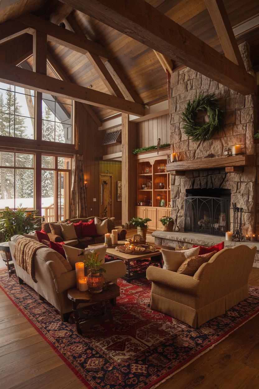 Cozy cabin interior with rustic stone fireplace and plush seating