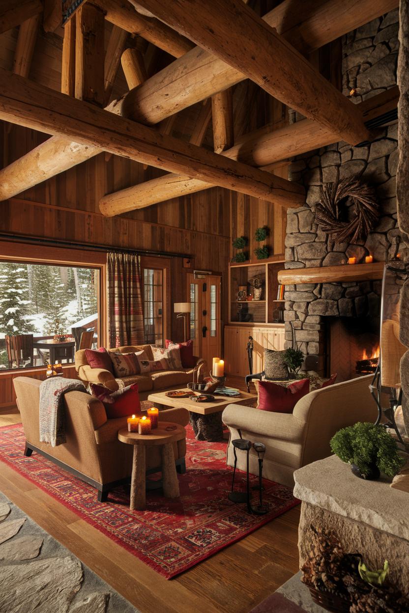 Rustic cabin interior with a roaring fireplace