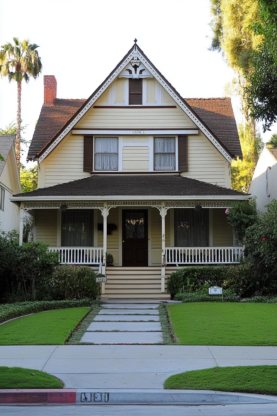 Vintage yellow house with brown shutters and porch