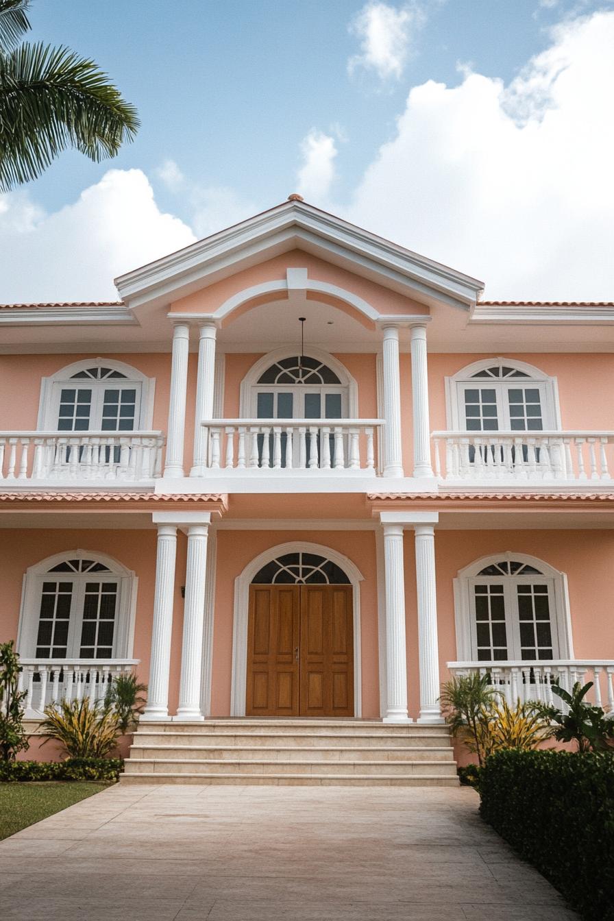 Peach-colored colonial house with white columns