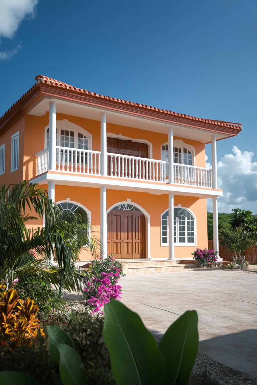 Orange colonial house with white pillars and arched windows, surrounded by greenery