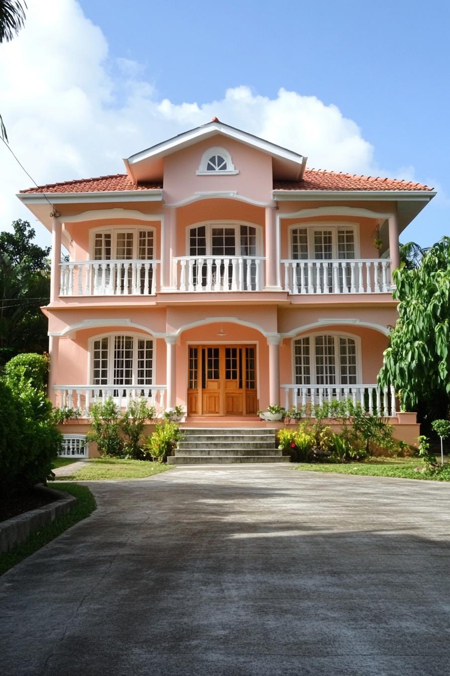 Two-story peach colonial house with white balustrades