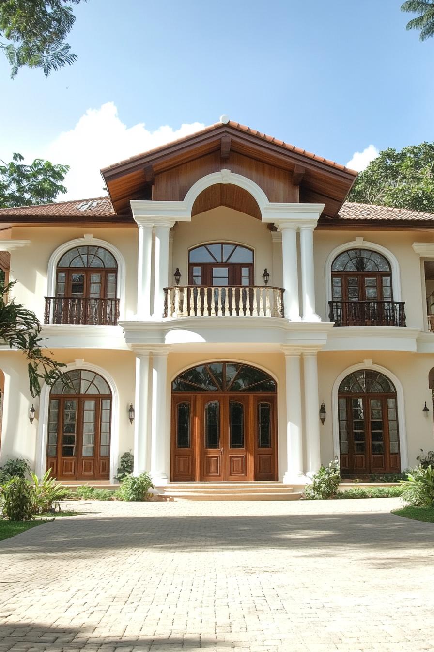 Elegant cream-colored colonial house with arched windows