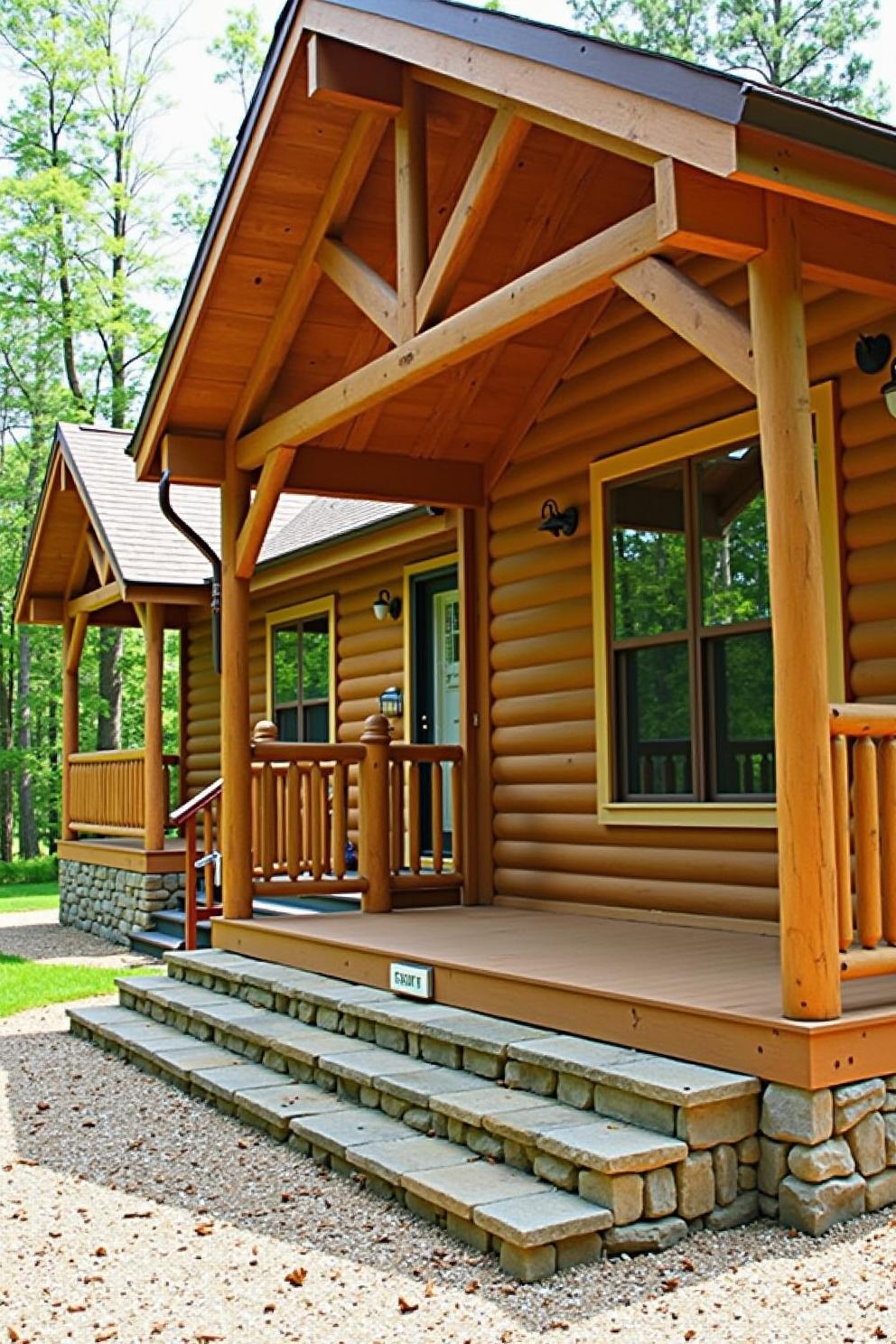 Cozy cabin porch with stone steps and wooden beams